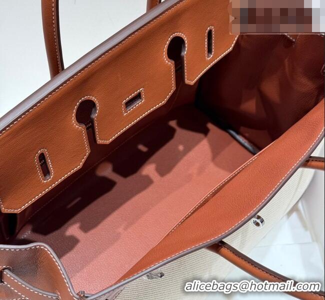Top Design Hermes Birkin 35cm Bag in Canvas and Swift Calfskin Leather H0035 Brown/Silver 2026