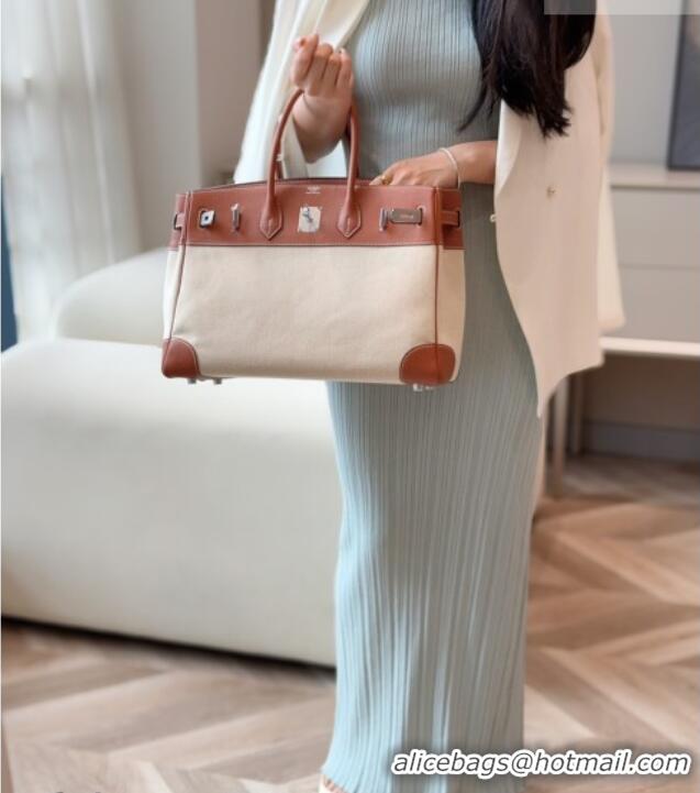 Top Design Hermes Birkin 35cm Bag in Canvas and Swift Calfskin Leather H0035 Brown/Silver 2026