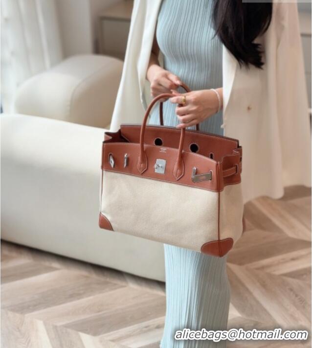 Top Design Hermes Birkin 35cm Bag in Canvas and Swift Calfskin Leather H0035 Brown/Silver 2026