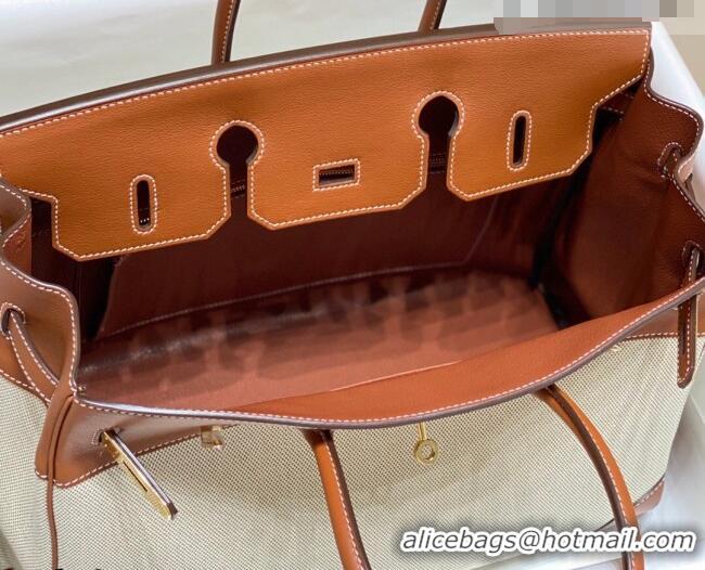 Best Quality Hermes Birkin 35cm Bag in Canvas and Swift Calfskin Leather H0035 Brown/Gold 2026