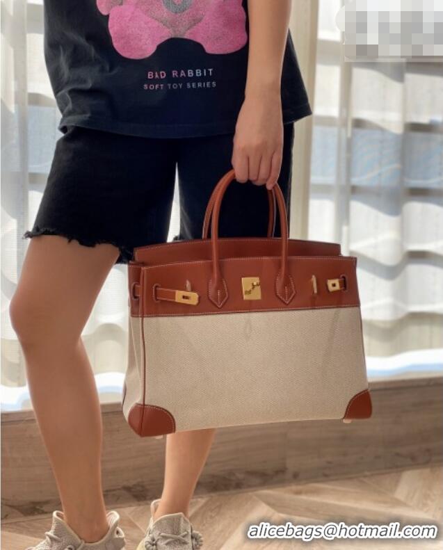 Best Quality Hermes Birkin 35cm Bag in Canvas and Swift Calfskin Leather H0035 Brown/Gold 2026