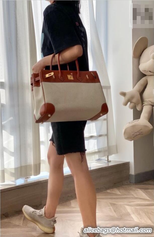 Best Quality Hermes Birkin 35cm Bag in Canvas and Swift Calfskin Leather H0035 Brown/Gold 2026