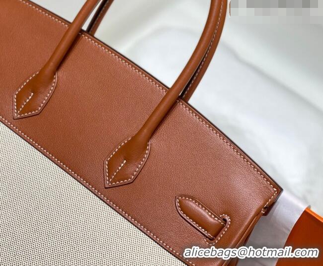 Best Quality Hermes Birkin 35cm Bag in Canvas and Swift Calfskin Leather H0035 Brown/Gold 2026