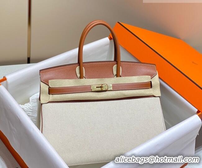 Best Quality Hermes Birkin 35cm Bag in Canvas and Swift Calfskin Leather H0035 Brown/Gold 2026