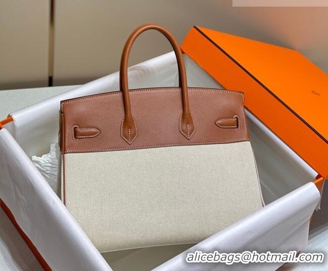 Best Quality Hermes Birkin 35cm Bag in Canvas and Swift Calfskin Leather H0035 Brown/Gold 2026