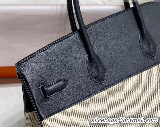 Luxury Cheap Hermes Birkin 35cm Bag in Canvas and Swift Calfskin Leather H0035 Black/Gold 2026