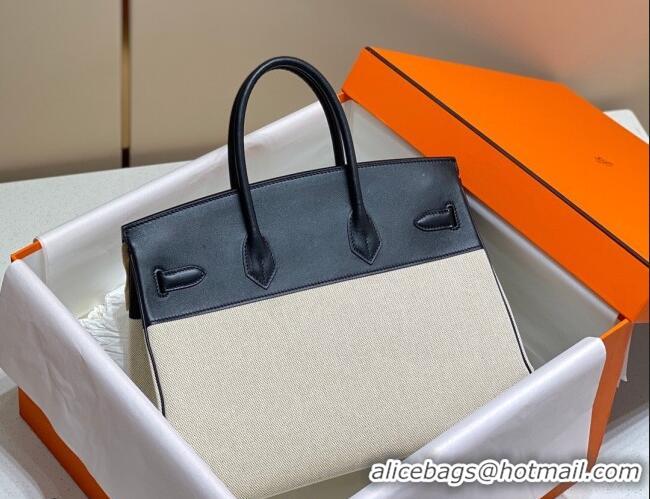Luxury Cheap Hermes Birkin 35cm Bag in Canvas and Swift Calfskin Leather H0035 Black/Gold 2026
