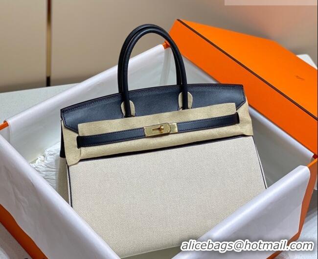 Luxury Cheap Hermes Birkin 35cm Bag in Canvas and Swift Calfskin Leather H0035 Black/Gold 2026