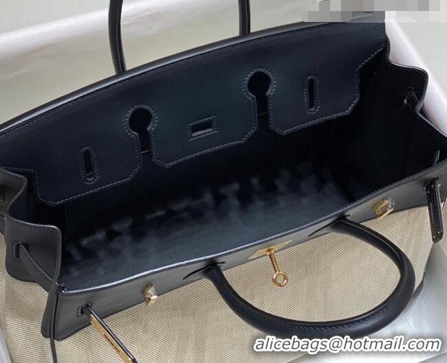 Luxury Cheap Hermes Birkin 35cm Bag in Canvas and Swift Calfskin Leather H0035 Black/Gold 2026