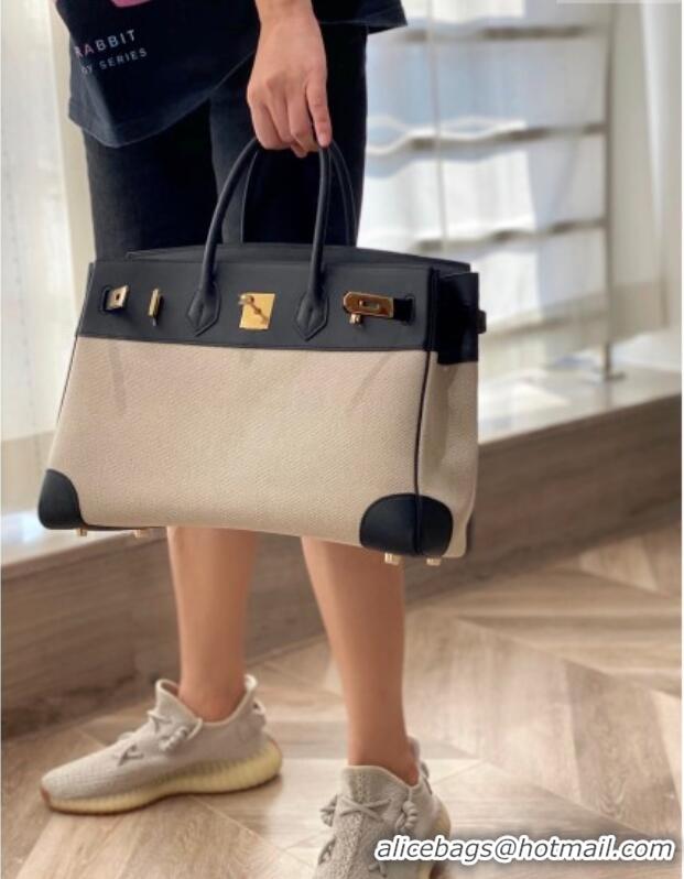 Luxury Cheap Hermes Birkin 35cm Bag in Canvas and Swift Calfskin Leather H0035 Black/Gold 2026