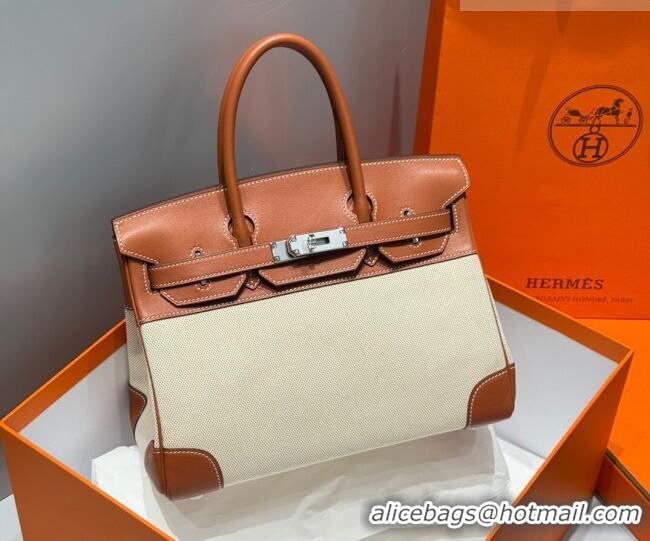 Luxury Cheap Hermes Birkin 30cm Bag in Canvas and Swift Calfskin Leather H0030 Brown/Silver 2026