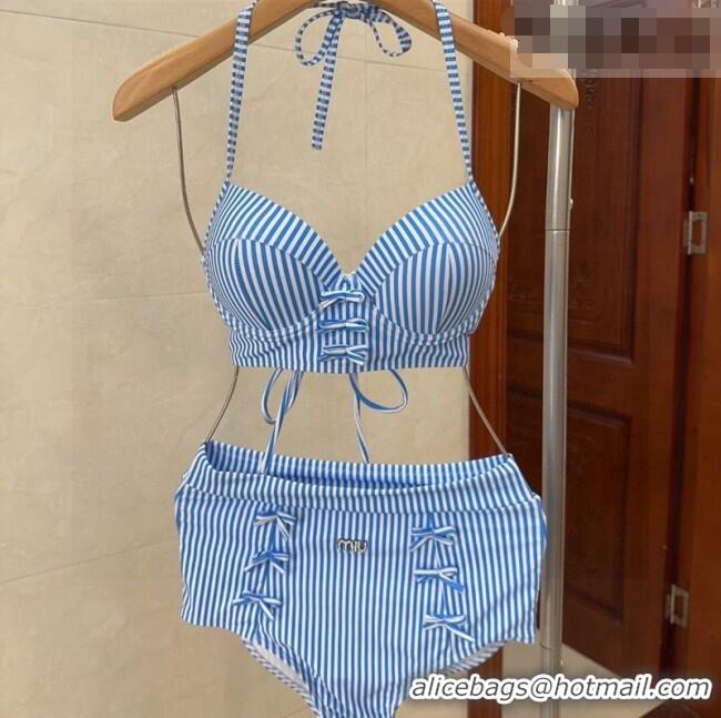 ​Luxury Discount Miu Miu Straiped Bikini with Lace-up 0723 Blue 2025