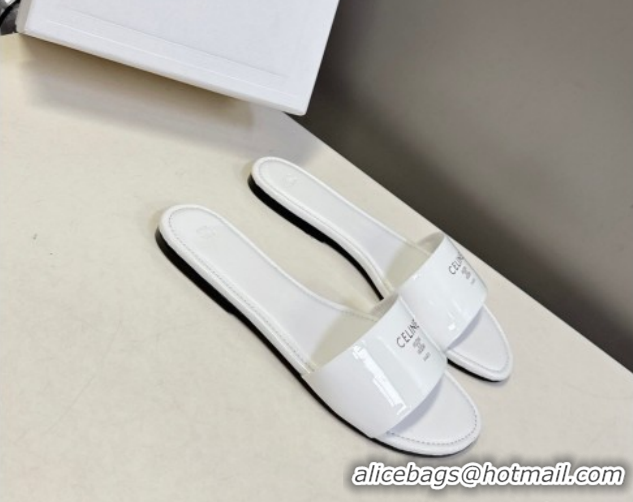 Pretty Style Celine Coast Flat Slides Sandal in Patent Leather 0227017 White 2026