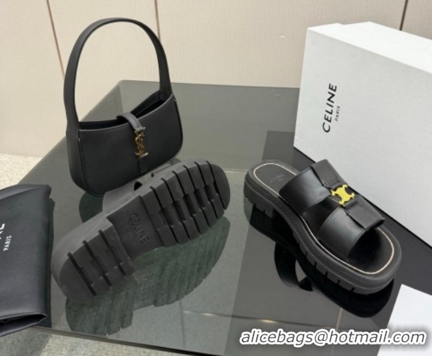 Classic Hot Celine Platform Slides Sandal in Calfskin Leather 0227018 Black 2026