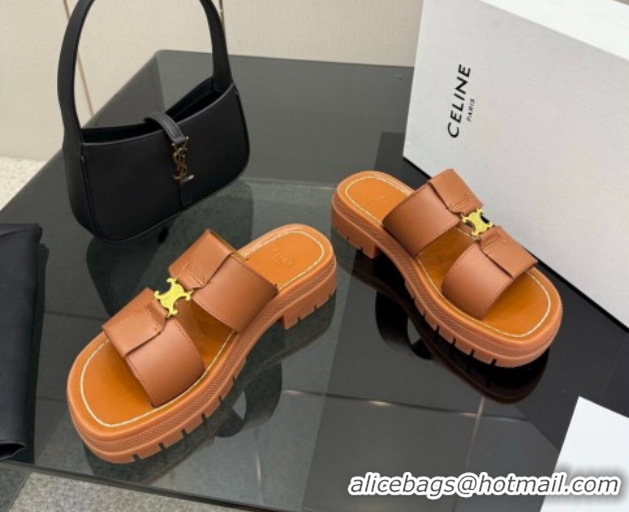 Low Price Celine Platform Slides Sandal in Calfskin Leather 0227018 Brown 2026
