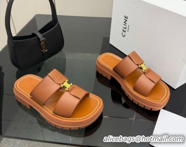 Low Price Celine Platform Slides Sandal in Calfskin Leather 0227018 Brown 2026