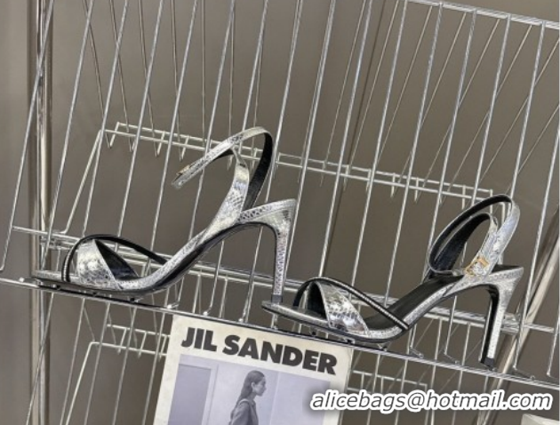 Cheap Price Celine Heeled Sandals 8cm in Embossed Leather 0227028 Silver 2026