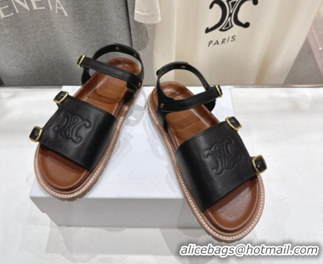 Best Price Celine Tippi Triomphe Flat Sandals in Calfskin Leather 0227036 Black 2026