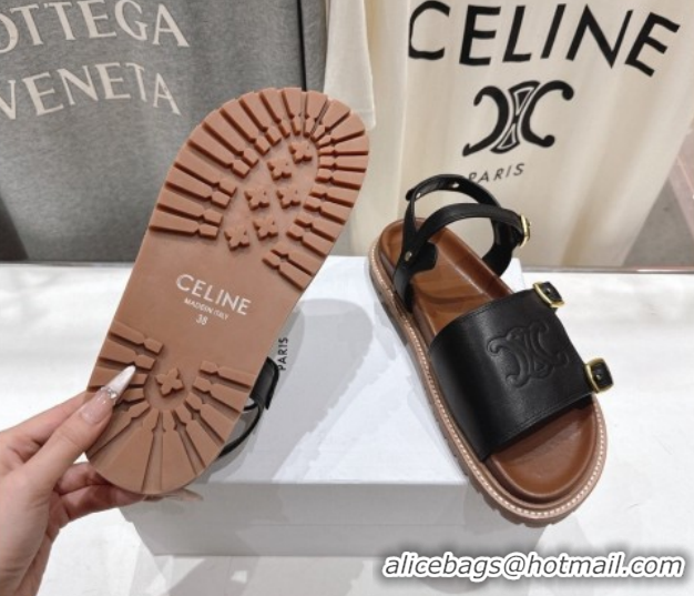 Best Price Celine Tippi Triomphe Flat Sandals in Calfskin Leather 0227036 Black 2026