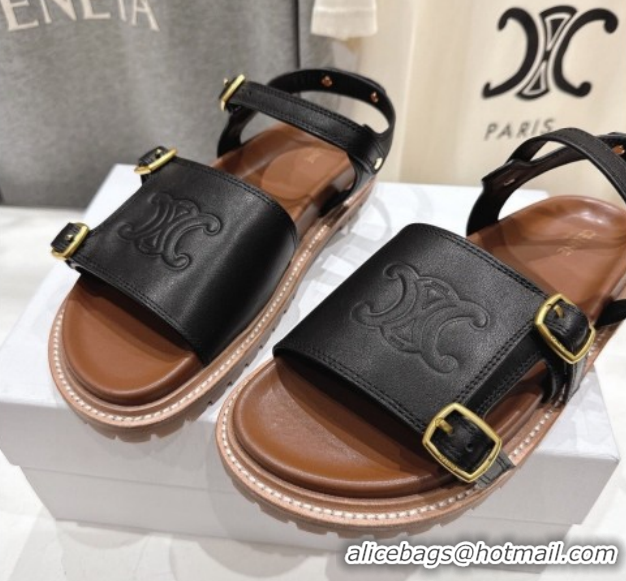 Best Price Celine Tippi Triomphe Flat Sandals in Calfskin Leather 0227036 Black 2026