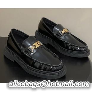 Shop Duplicate Celine Calfskin Leather Platform Loafers with Logo Chain 0227046 Black 2026