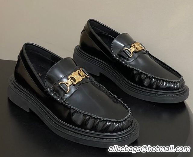 Shop Duplicate Celine Calfskin Leather Platform Loafers with Logo Chain 0227046 Black 2026