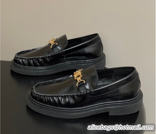 Shop Duplicate Celine Calfskin Leather Platform Loafers with Logo Chain 0227046 Black 2026