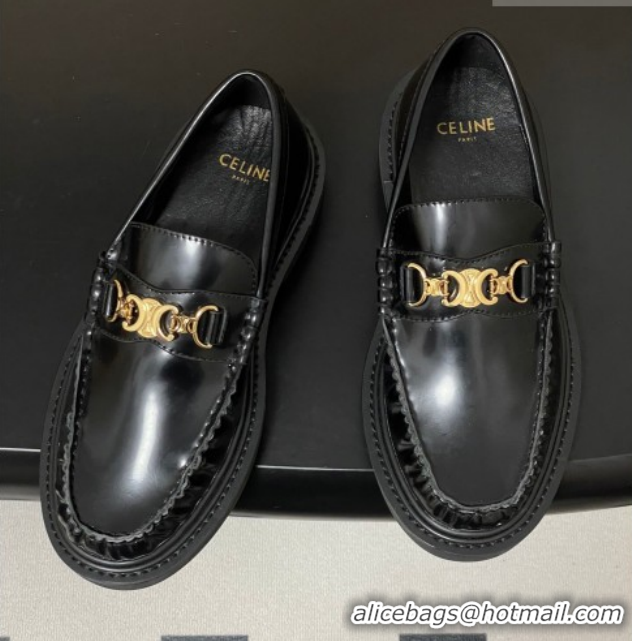 Shop Duplicate Celine Calfskin Leather Platform Loafers with Logo Chain 0227046 Black 2026