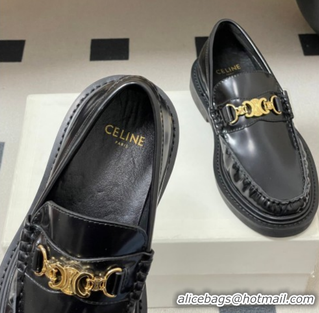 Shop Duplicate Celine Calfskin Leather Platform Loafers with Logo Chain 0227046 Black 2026