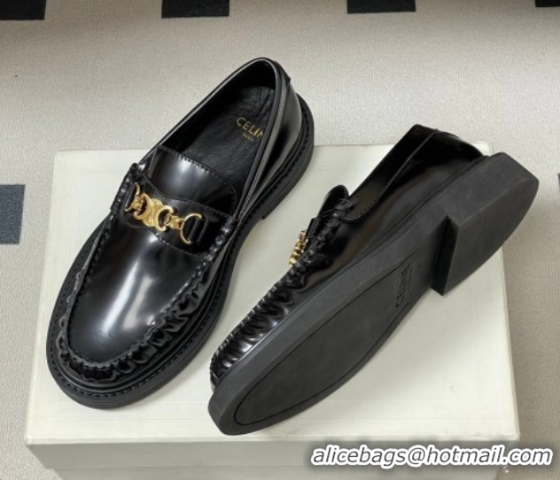 Shop Duplicate Celine Calfskin Leather Platform Loafers with Logo Chain 0227046 Black 2026
