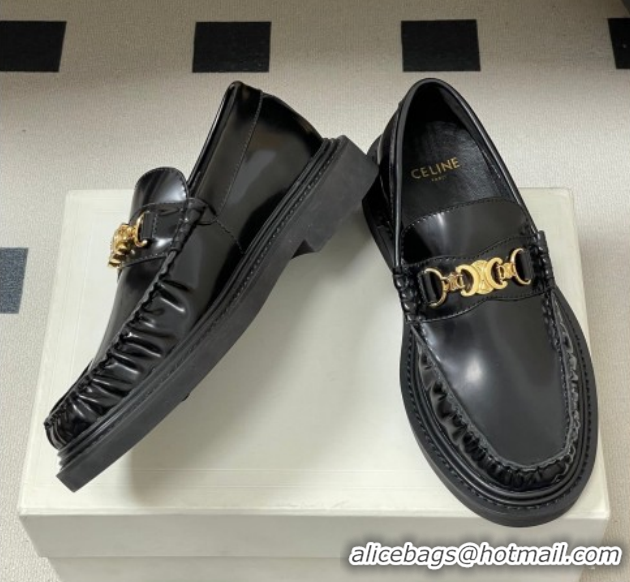 Shop Duplicate Celine Calfskin Leather Platform Loafers with Logo Chain 0227046 Black 2026