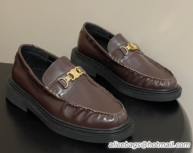 Top Design Celine Calfskin Leather Platform Loafers with Logo Chain 0227046 Dark Brown 2026