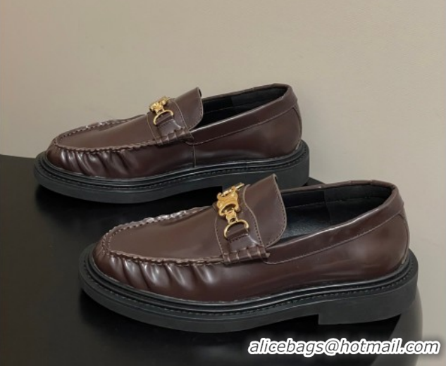 Top Design Celine Calfskin Leather Platform Loafers with Logo Chain 0227046 Dark Brown 2026