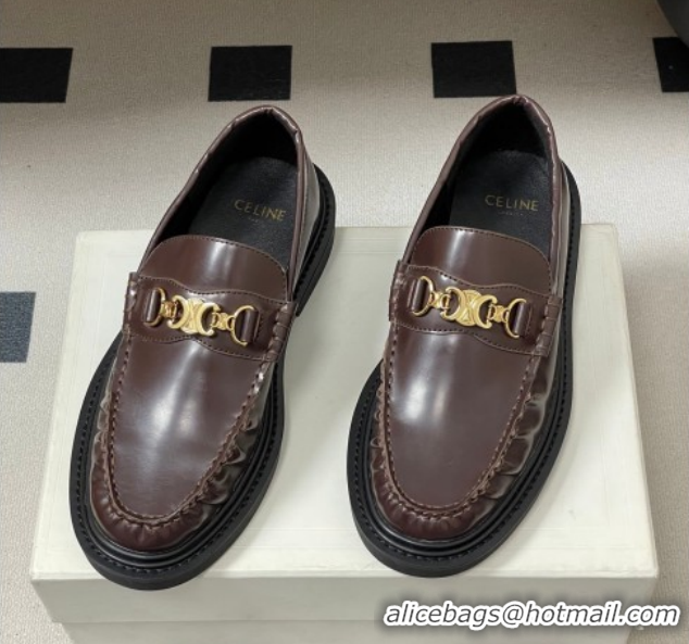 Top Design Celine Calfskin Leather Platform Loafers with Logo Chain 0227046 Dark Brown 2026