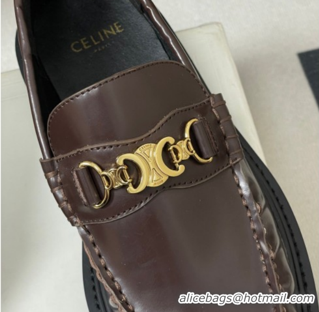 Top Design Celine Calfskin Leather Platform Loafers with Logo Chain 0227046 Dark Brown 2026