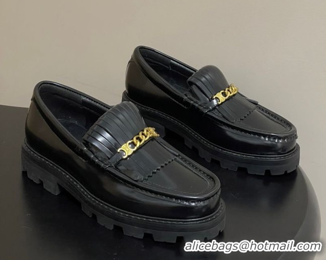 Hot Style Celine Calfskin Leather Platform Loafers with Chain Fringe 0227048 Black 2026