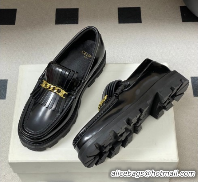 Hot Style Celine Calfskin Leather Platform Loafers with Chain Fringe 0227048 Black 2026