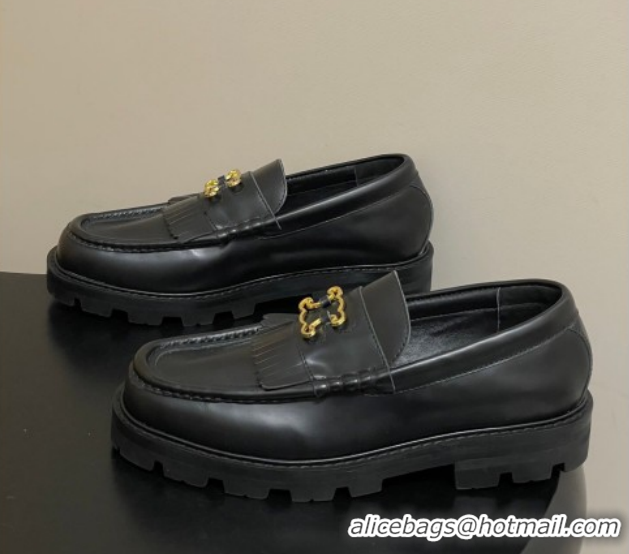 Luxury Discount Celine Calfskin Leather Platform Loafers with Logo Fringe Black 0227049 2026
