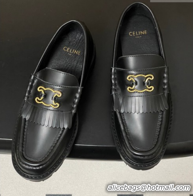 Luxury Discount Celine Calfskin Leather Platform Loafers with Logo Fringe Black 0227049 2026