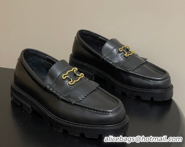 Luxury Discount Celine Calfskin Leather Platform Loafers with Logo Fringe Black 0227049 2026