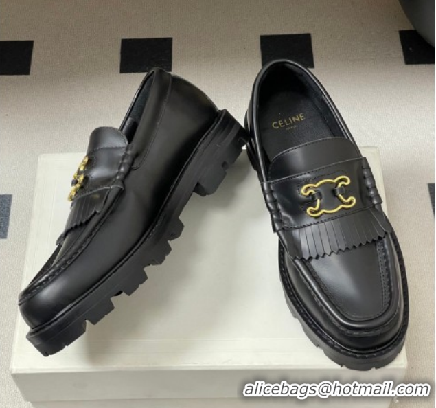 Luxury Discount Celine Calfskin Leather Platform Loafers with Logo Fringe Black 0227049 2026