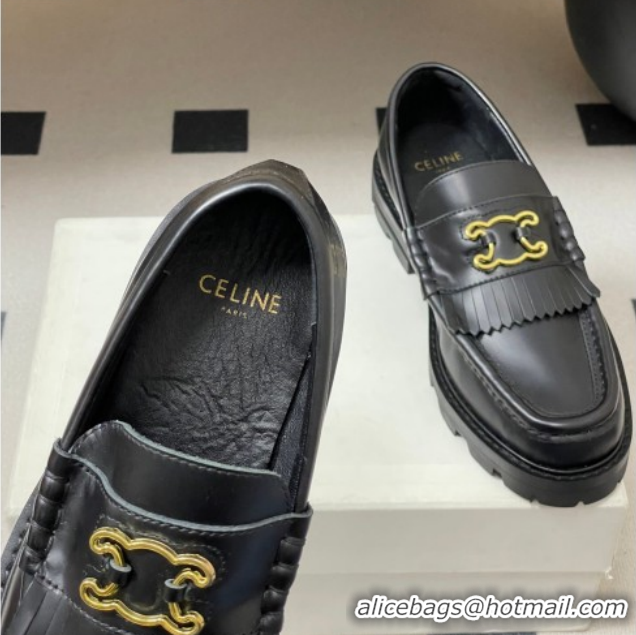 Luxury Discount Celine Calfskin Leather Platform Loafers with Logo Fringe Black 0227049 2026
