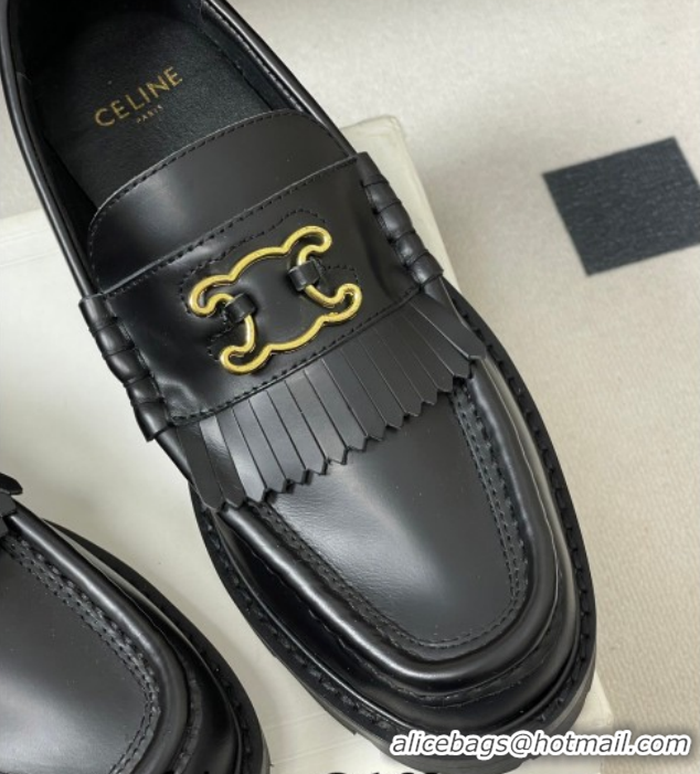 Luxury Discount Celine Calfskin Leather Platform Loafers with Logo Fringe Black 0227049 2026