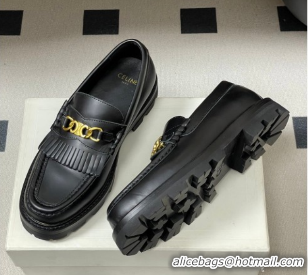Luxury Celine Calfskin Leather Platform Loafers with Chain Fringe Black 0227050 2026
