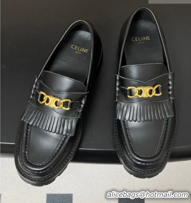 Luxury Celine Calfskin Leather Platform Loafers with Chain Fringe Black 0227050 2026