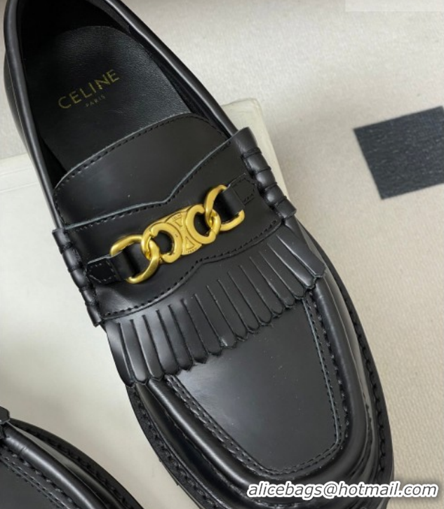 Luxury Celine Calfskin Leather Platform Loafers with Chain Fringe Black 0227050 2026