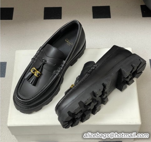Cheap Price Celine Calfskin Leather Platform Loafers with Tassel Charm Black 0227051 2026