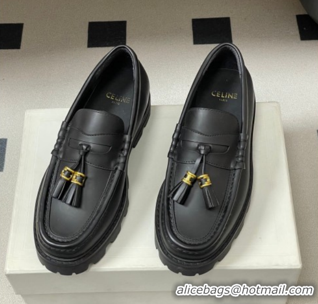 Cheap Price Celine Calfskin Leather Platform Loafers with Tassel Charm Black 0227051 2026