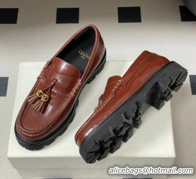 Cheap Price Celine Calfskin Leather Platform Loafers with Tassel Charm Brown 0227052 2026