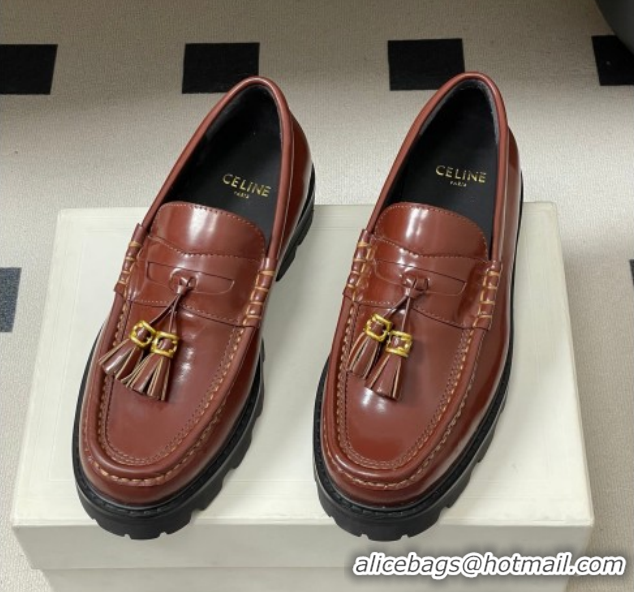 Cheap Price Celine Calfskin Leather Platform Loafers with Tassel Charm Brown 0227052 2026
